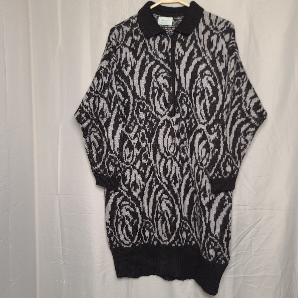 Benetton Italian Cocoon Sweater Dress Oversized Tunic Jacquard Knit Vintage 80's
